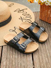 1 Pair Children's Fashionable Leopard Print PU Design Non-Slip Soft Cork Flat Toe Open Beach Slippers, Suitable For Summer