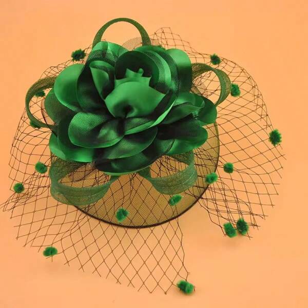 Elegant Floral Bridal Wedding Charming Headpiece Party Stage Hair Accessory Hat Organza Veil Decor Hat, Green