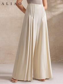 Aliao Elegant Plain Simple Straight High-Waisted City Casual Loose Straight Leg Pant, Office Outfits, Casual, Modest, Brunch Outfits For Women, Club Outfits, Vacation Outfits Woman, Business Casual Woman - Apricot - View 3