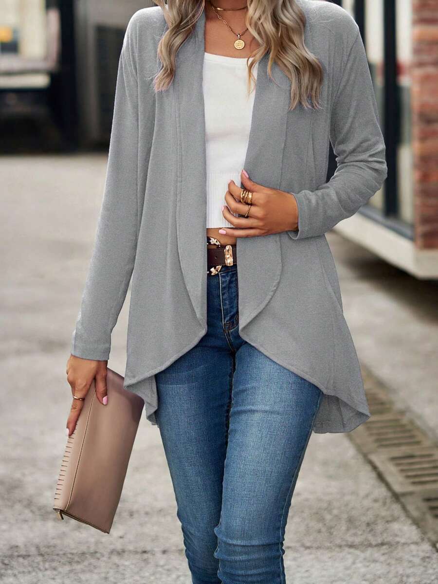 Women Long Sleeve Cardigan Open Front Solid Ladies Jacket Fall Tops For Casual Daily - Light Grey - View 1