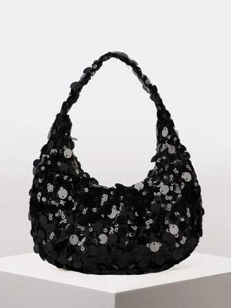 1pc Quilted Zipper Closure PVC Sequin Crescent Handbag, Fashion Design Tote Sequin Bag For Women, Stylish Clutch Purse For Evening Party, Sparkling Large Capacity Party Bag, Suitable For Women To Attend Banquets And Parties , New Year