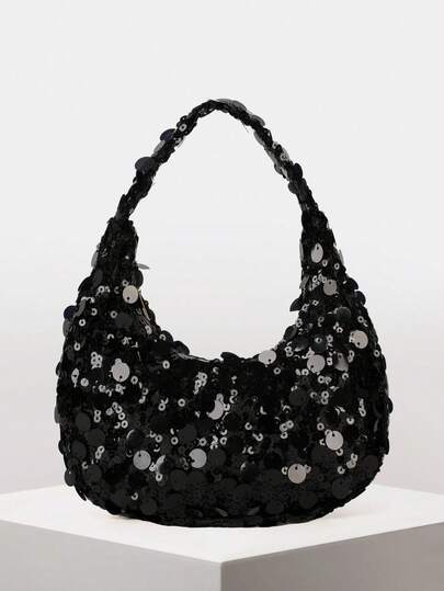 1pc Quilted Zipper Closure PVC Sequin Crescent Handbag, Fashion Design Tote Sequin Bag For Women, Stylish Clutch Purse For Evening Party, Sparkling Large Capacity Party Bag, Suitable For Women To Attend Banquets And Parties , New Year , Sequin