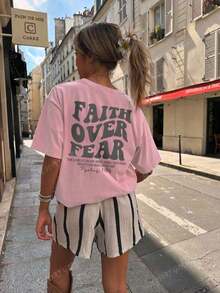180g Faith Over Fear Christian Graphic-Shirt |   Women's Casual Vacation Bible Verse Tee |   Summer Round Neck Short Sleeve Top Summer-Shirt Women Casual Loose Top Letter Print Tee - 粉色 - 查看 9