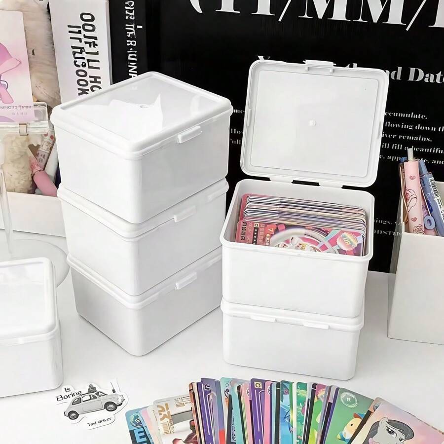 白色翻盖收纳盒 - 桌面防尘卡片和文具收纳盒 | 保持桌面整洁，方便取用，坚固的纸板材质 - 必备的办公室/家居收纳盒