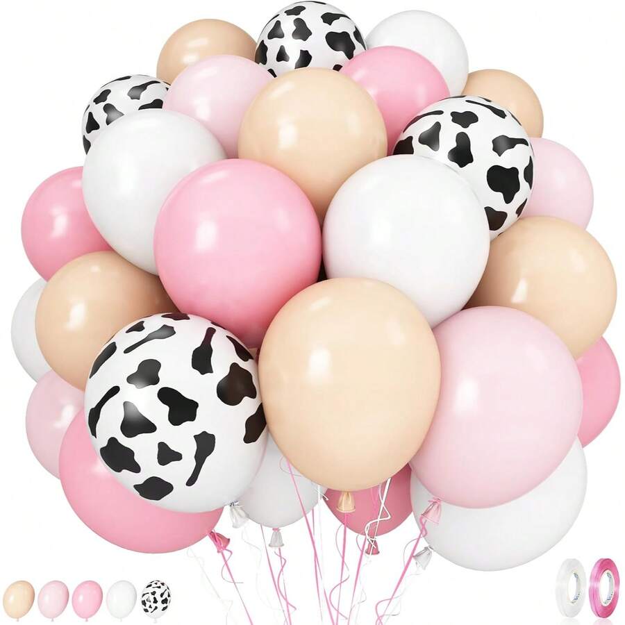 60Pcs Cow Print Balloons, Pastel Pink Cow Print Latex Balloons, Pink Cream Beige White Balloons For Birthday Baby Shower Cowgirl Rodeo Farm Animals Gender Reveal Party Decorations Supplies - Multicolor - View 1