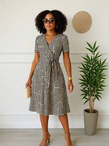 Women's Casual Elegant Printed Dress In Romantic Fabric - Beige Striped - View 2