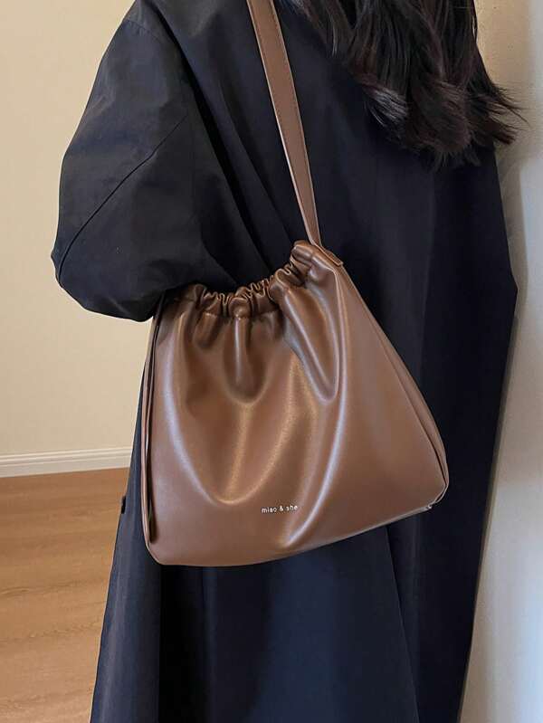 New Back To School Solid Color Women's Shoulder Bag, Large Capacity Bucket Bag, PU Material Crossbody Bag