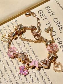 1 chiếc vòng tay trái tim cổ điển, vòng tay trái tim màu hồng, vòng tay trái tim hoa bướm, vòng tay quà tặng trái tim - Vàng - Xem 7