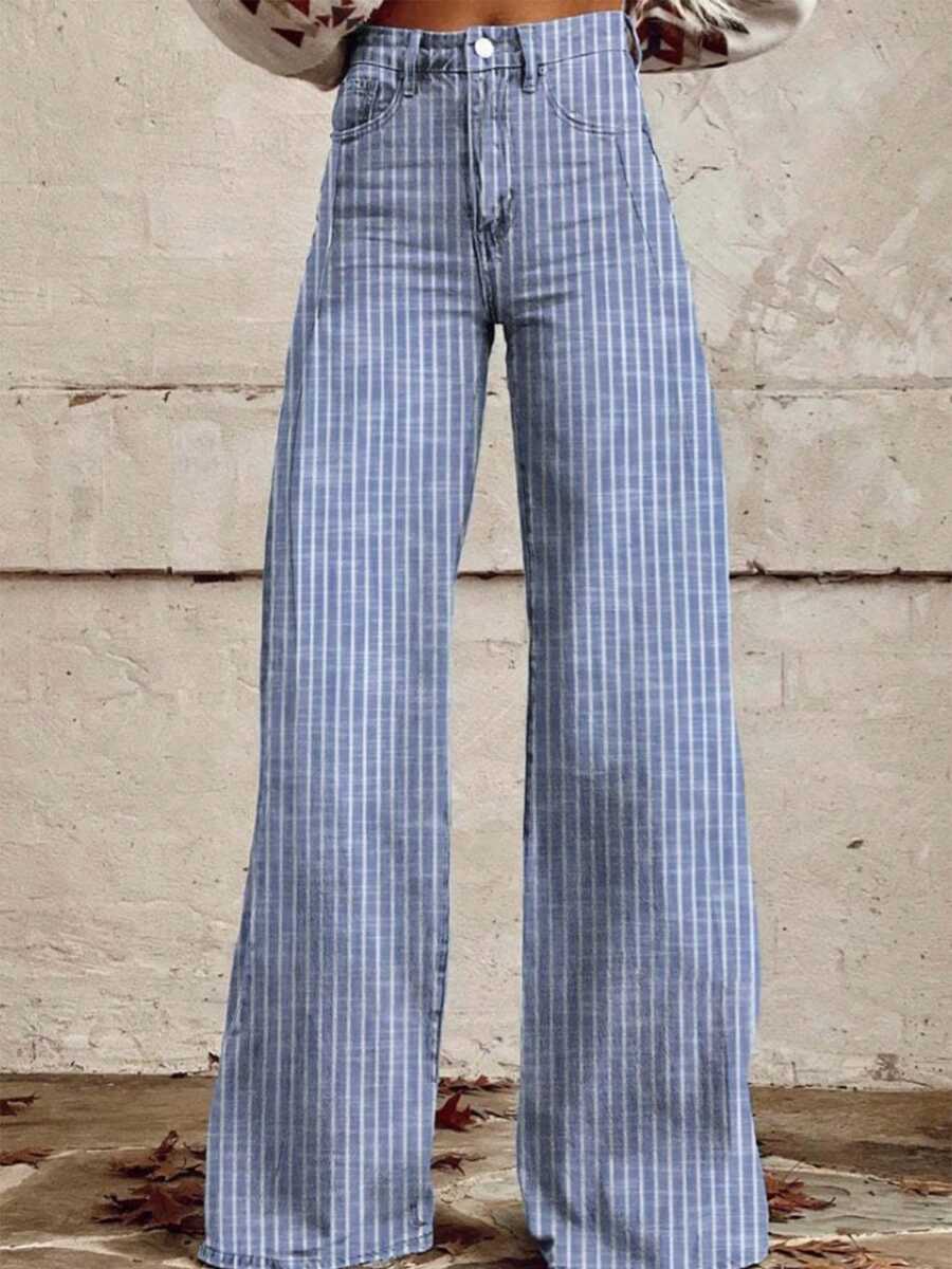 Womens High Rise Jeans Retro Classic Striped Print Wide Leg Denim Pants Boyfriend Jeans With Pockets - 藍色 - 查看 1