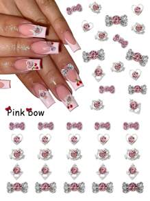 10/20pcs 3D Large And Small Silver Bow Nail Art Decoration Japanese Korean Style Alloy Exquisite Luxury Bowknot Nail Charms Y2K Metal Nail Accessories Shiny White Pink Rhinestone Nail Gems DIY Suitable For Acrylic Press Nails Phone Case Shoes Clothes Bags Nail Supplies