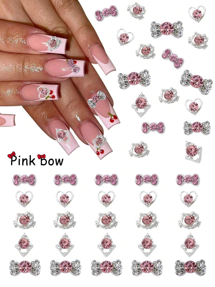 10/20pcs 3D Large And Small Silver Bow Nail Art Decoration Japanese Korean Style Alloy Exquisite Luxury Bowknot Nail Charms Y2K Metal Nail Accessories Shiny White Pink Rhinestone Nail Gems DIY Suitable For Acrylic Press Nails Phone Case Shoes Clothes Bags Nail Supplies