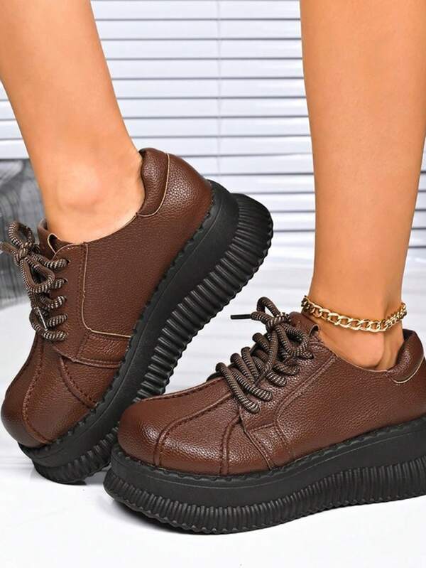 2025 Spring/Autumn New Vintage Platform Loafers, Round Toe Thick Sole Lace-Up Retro Comfort Shoes For Short Women