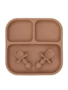 PopLittleOne 3PCS Baby Silicone Tableware Set Suction Square Plate Mini Spoon Fork Solid Color Dinner Set Children Unteils Soft Plate For Boy Girl - Multicolor - View 18