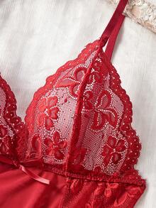 Women's Solid Color Mesh Contrast Lace Sheer Sexy Slip Nightgown - Burgundy - View 4