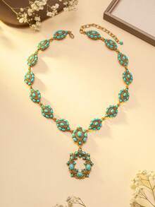 1 件项链 1 对耳环套装，复古波西米亚绿松石金项链耳环套装，奢华绿松石雕花金属项链耳环套装，独特的绿松石首饰套装，时尚绿松石镶嵌复古项链耳环组合