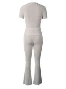 女士时尚休闲纯色弹力修身圆领短袖上衣喇叭裤春秋运动服派对两件套运动街头装