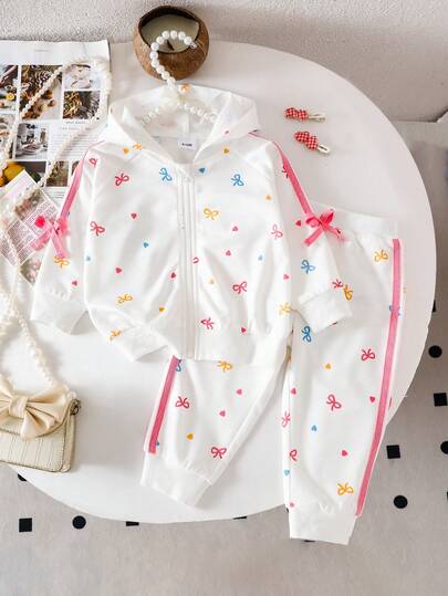 2 件套幼儿女童碎花 3D 蝴蝶结装饰休闲长袖连帽运动衫和裤子套装，可爱迷人，适合外出、居家、派对
