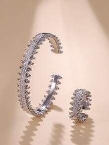 时尚复古双色电镀方晶锆石条纹手链和戒指套装，适合女性日常佩戴 - 款式B 銀色 - 查看 4