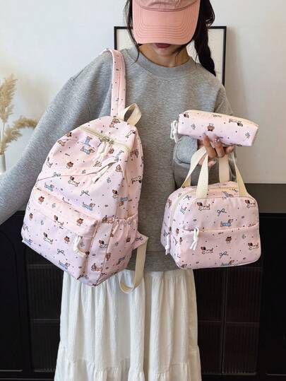 3 Pcs Fashionable Preppy Cartoon Puppy Print Backpack Set,Backpack&Lunch Bag&Pencil Case,With Laptop Compartment Bookbag,Adjustable Strap Bookbag Set,Multi Pockets High-Capacity School Bag Set Multifunctional Daypack Set Idea For Girl/Girls/Teens/College Students/Graduate/Graduate For Daily Use/Vacation/Travel/Back To School