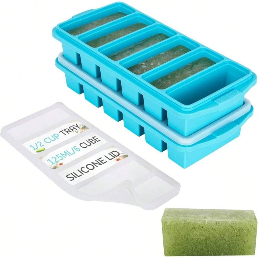 1/2 Cup Silicone Freezer Tray With Lid  Silicone Freezer Molds 2Pack For Meal Prep  Freezing Of Various Saus And Other Dishes, Makes 12 Perfect 1/2 Cup Portions Cubes, Oven And Dishwasher Safe