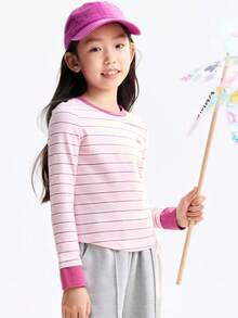 Annil Children's Clothing, Girls, Middle-Aged And Young Children, Teenagers, Round-Neck Long-Sleeved Knitted Sweaters, Sweet And Cool Cut Short Striped T-Shirts, Autumn