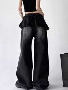 黑灰色二合一牛仔裙裤，宽松喇叭腿设计，百搭，秋季新品 - 黑色 - 查看 2