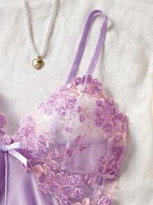 ROMWE Kawaii Unlock The Mysterious Light Purple Embroidered Sheer Nightgown, Gently Wrapping The Charming Figure, Sexy Asymmetric/Asymmetrical Sheer Thong, Going Out, For Valentine's Day