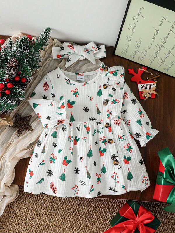 Baby Girls' Cute Christmas Print Cotton Comfortable Dress, Spring/Autumn