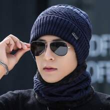 1 Set Women Outdoor Solid Color Fleece Lined Knit Beanie Hat & Scarf, Unisex Suitable For Outdoor, Street, Daily Use, Fashion Versatile Knitted Hat, Ideal Gift (Random Black Fuzzy Scarf)