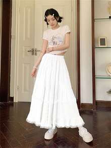 Women's Lace Patchwork A-Line Skirt, Sweet Style For Spring/Summer - White - View 4