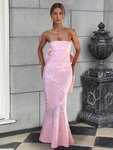 Jacquard Strapless Long Mermaid Dress With Oversized Bow, For Party & Evening Gown - Pink - View 9