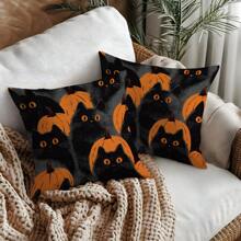 1 Stück/2 Stück Halloween Katzen- & Kürbis-Muster Polyester Kissenbezug [ohne Kissenfüllung], 45 x 45 cm/50 x 50 cm, [einseitiger Muster] Halloween Schwarze Katzen Kürbisse Dekorative Kissenbezüge für Sofa, Bett, Wohnzimmer, Schlafzimmer, Auto, Büro, Hotel, ganzjährig, perfektes Geschenk für Familie und Freunde