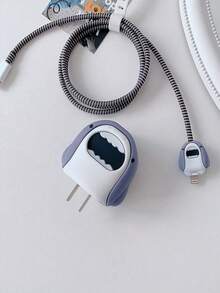 Set de 4 accesorios protectores para cargador y cable compatibles con cargador Apple 18/20W, que incluye: funda para adaptador de cargador, protector de cable, organizador de cable, anti-arañazos, anti-colisión y anti-suciedad, con diseño de tiburón gris y estilo lindo de dibujos animados - Gris - Ver 4