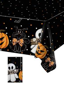 1pc Black Halloween Theme Decorative Tablecloth, Ghost Pumpkin Black Cat Pattern PE Material Halloween Tablecloth, Happy Halloween Decorative Tablecloth, Halloween Cabinet Decoration Cover, Dining Table Centerpiece Decoration Tablecloth Set, Halloween Event Decoration Table Runner, Outdoor Party Disposable Tablecloth - Halloween Pumpkin Ghost Black Background - View 6