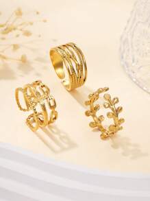 3pcs Stainless Steel Gold-Tone Multi-Layer Leaf Shaped Ring Set, Exaggerated Fashion, Suitable For Women's Daily Decoration Or Gift