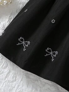 女童简约蕾丝蝴蝶结领长袖休闲百搭刺绣蝴蝶结装饰连衣裙 - 黑色 - 查看 8
