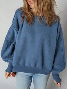 Acelitt Winter Women's Solid Color Plush Off Shoulder Bat Sleeve Patchwork Casual Round Neck Sports Shirt