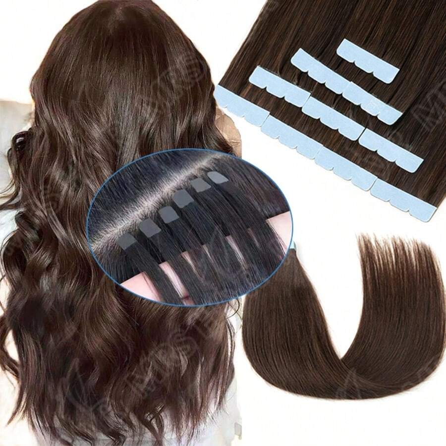 Mini Tape In Hair Extensions Human Hair Blonde Black Brown Hair Invisible Skin Weft Adhesive Non-Remy Hair Tape Ins 12 16 20 Inch 10pcs/Pack - Chocolate Brown - View 1