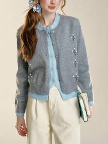 Women's Autumn/Winter Gentle Floral Embroidery Round Neck Sweater Cardigan, 2 In 1 Design - Grey - View 3