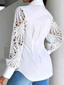 Plus Women's Elegant Lace Hollow Sleeve Collar Shirt - 白色 - 查看 2