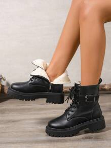 2025 New Autumn/Winter Women Boots, Fashion Versatile Casual Boots, Side Zipper Women Ankle Boots, Lace-Up Women Shoes, Warm Winter Women Boots, Flat Comfortable Women Boots - Black - View 4