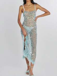 Women Sequin Sheer Mesh Cover Up Dresses Sparkle Spaghetti Straps See Through Rhinestone Glitter Beach Dresses Bikini Swim Coverups Y2K Summer Clubwear - 藍色 - 查看 4