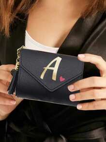 1pc Women's Folding Short Wallet, Black PU Leather Material, Printed With A-Z Letters And Pink Hearts, Cute Girl Coin Purse, Fashion Ladies Card Holder, Mini Tassel Wallet, Waterproof And Portable, Large Capacity, Can Hold Credit Cards, ID, Cash, Etc. - Black - View 3