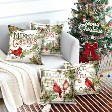 4pcs/280pcs Christmas Theme Pillow Covers, Green Leaf & Red Bird Pattern, Suitable For Christmas Living Room Bedroom Sofa Decor, 45x45cm Pillow Covers, Christmas Party Decoration, Christmas Party Restaurant Decor, Party Atmosphere Decoration, Without Pillow Insert, Suitable For Daily, Holiday, Party - Green Leaves Cardinal - View 1