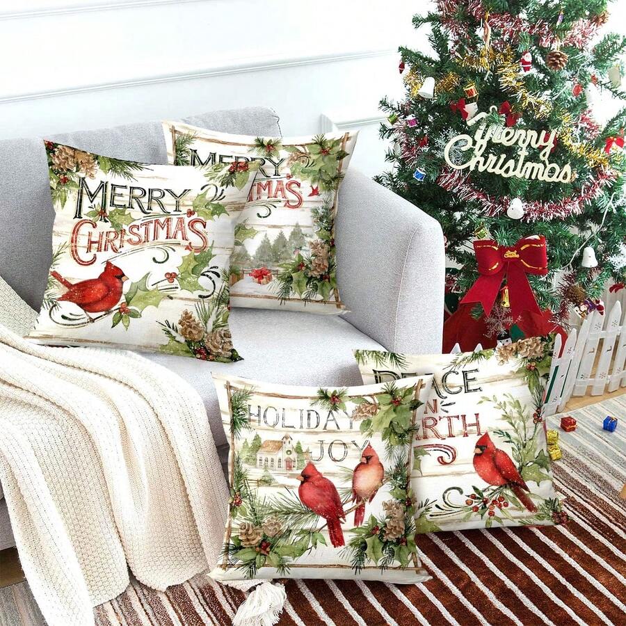 4pcs/280pcs Christmas Theme Pillow Covers, Green Leaf & Red Bird Pattern, Suitable For Christmas Living Room Bedroom Sofa Decor, 45x45cm Pillow Covers, Christmas Party Decoration, Christmas Party Restaurant Decor, Party Atmosphere Decoration, Without Pillow Insert, Suitable For Daily, Holiday, Party - Green Leaves Cardinal - View 1