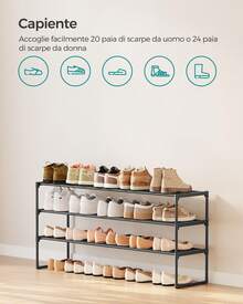 Scarpiera a 3 Ripiani, Scaffale Portascarpe in Metallo, per 20-24 Paia di Scarpe, Verticale o Capovolto, Impilabile, Ingresso, 30 x 117 x 55 cm, Nero - nero - Visualizzare 1