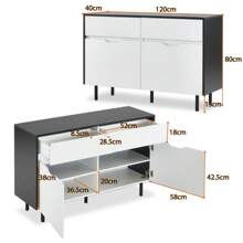 Mobiletto di archiviazione da 120 cm con cassetti scanalati, design bianco e nero, ripiani regolabili, 2 ante, credenza-buffet, organizer per cucina, soggiorno, sala da pranzo