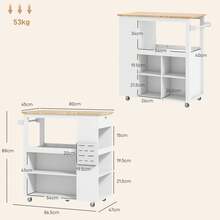 HOMCOM Carrello da Cucina con Ruote, Ripiani Regolabili e Portacoltelli, Isola Cucina con Piano di Lavoro in Legno di Caucciù, per Cucina e Soggiorno, 86.5x47x88 cm, Bianco - Bianco - Visualizzare 4
