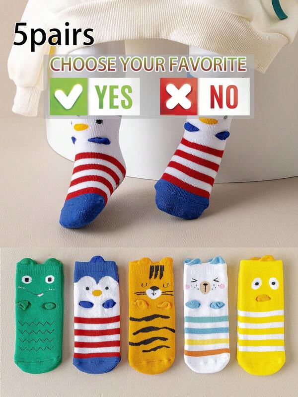 5 paires de chaussettes d'équipage anti-dérapantes à motifs d'animaux de dessin animé pour tout-petits et enfants