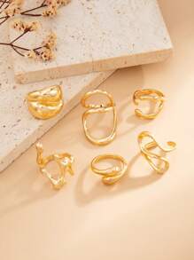 4pcs Retro Fashion Geometric Hollow Out Rings, Liquid Asymmetrical Abstract Design Rings, Adjustable Gold & Silver Ring Set, Charm Jewelry Set For Women's Daily Wear And Leisure Holiday Decoration Gift